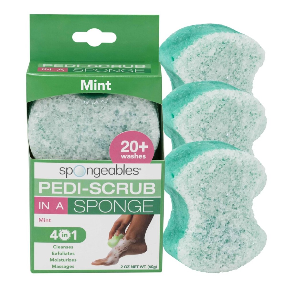 Spongables Pedi Scrub Foot Exfoliating 20+ Wash Sponge, Peppermint and Tea Tree, 3 Count