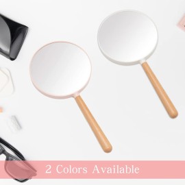 YEAKE Hand Held Mirror with Handle for Makeup, Small Cute Wood Hand Mirror for Shaving with 3X Magnifying Double-Side Portable Travel Vanity Mirror for Men&Women (Detachable White Round)