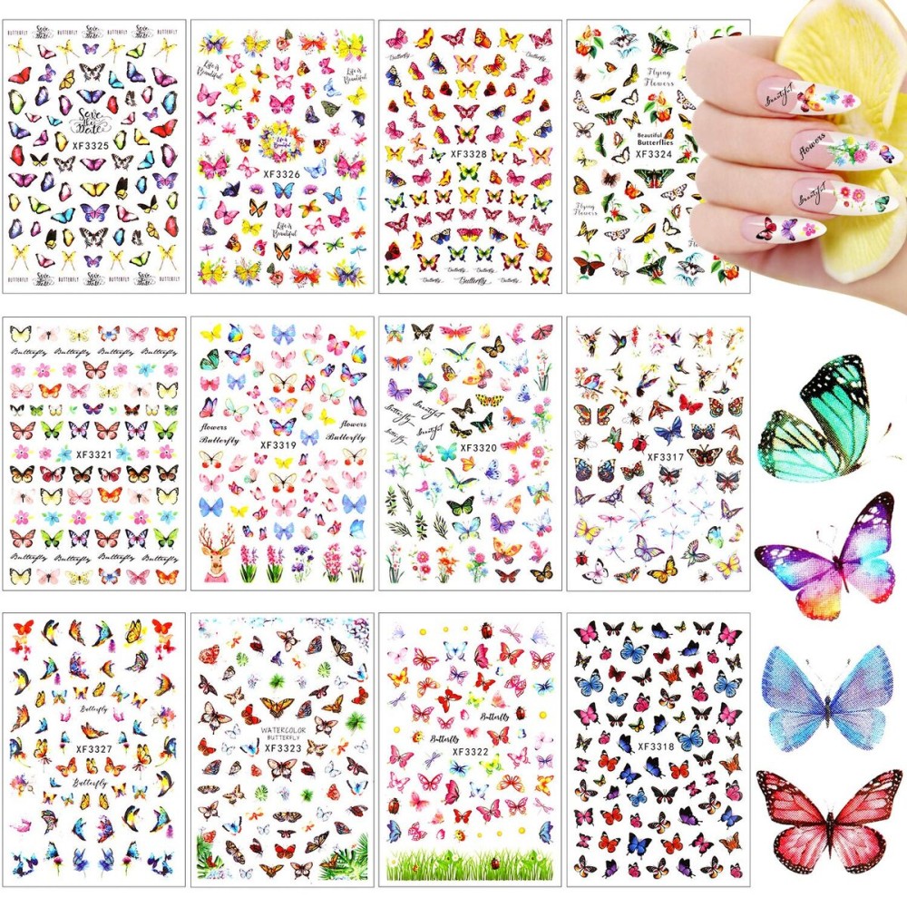 24 Sheets Colorful Butterfly Flower Nail Stickers - Mixed Design Self-Adhesive Nail Decals - Butterfly Manicure Sticker for Women - Nail Decorations (Classic Style)