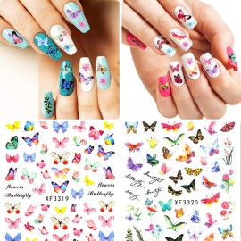 24 Sheets Colorful Butterfly Flower Nail Stickers - Mixed Design Self-Adhesive Nail Decals - Butterfly Manicure Sticker for Women - Nail Decorations (Classic Style)