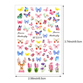 24 Sheets Colorful Butterfly Flower Nail Stickers - Mixed Design Self-Adhesive Nail Decals - Butterfly Manicure Sticker for Women - Nail Decorations (Classic Style)