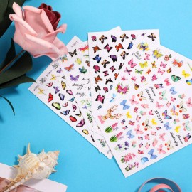 24 Sheets Colorful Butterfly Flower Nail Stickers - Mixed Design Self-Adhesive Nail Decals - Butterfly Manicure Sticker for Women - Nail Decorations (Classic Style)
