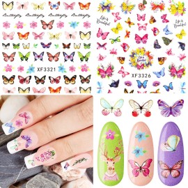24 Sheets Colorful Butterfly Flower Nail Stickers - Mixed Design Self-Adhesive Nail Decals - Butterfly Manicure Sticker for Women - Nail Decorations (Classic Style)