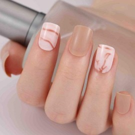 Bomine Marble Khaki Fake Nails Square Short Length Press on False Nails Glossy Acrylic Full Cover Nails Tips for Women and Girls 24Pcs