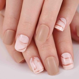 Bomine Marble Khaki Fake Nails Square Short Length Press on False Nails Glossy Acrylic Full Cover Nails Tips for Women and Girls 24Pcs