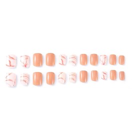 Bomine Marble Khaki Fake Nails Square Short Length Press on False Nails Glossy Acrylic Full Cover Nails Tips for Women and Girls 24Pcs