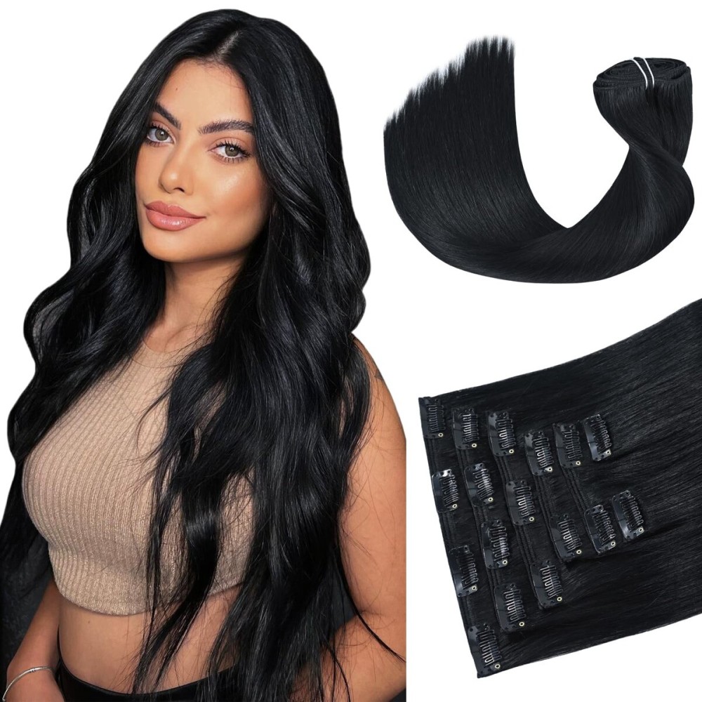 HUAYI Black Clip-in Hair Extensions - Real Human Hair, 20 Inch, 120g, Jet Black, Full Head, 7pcs HUAYI Black Clip-in Hair Extensions - Real Human Hair, 20 Inch, 120g, Jet Black, Full Head, 7pcs