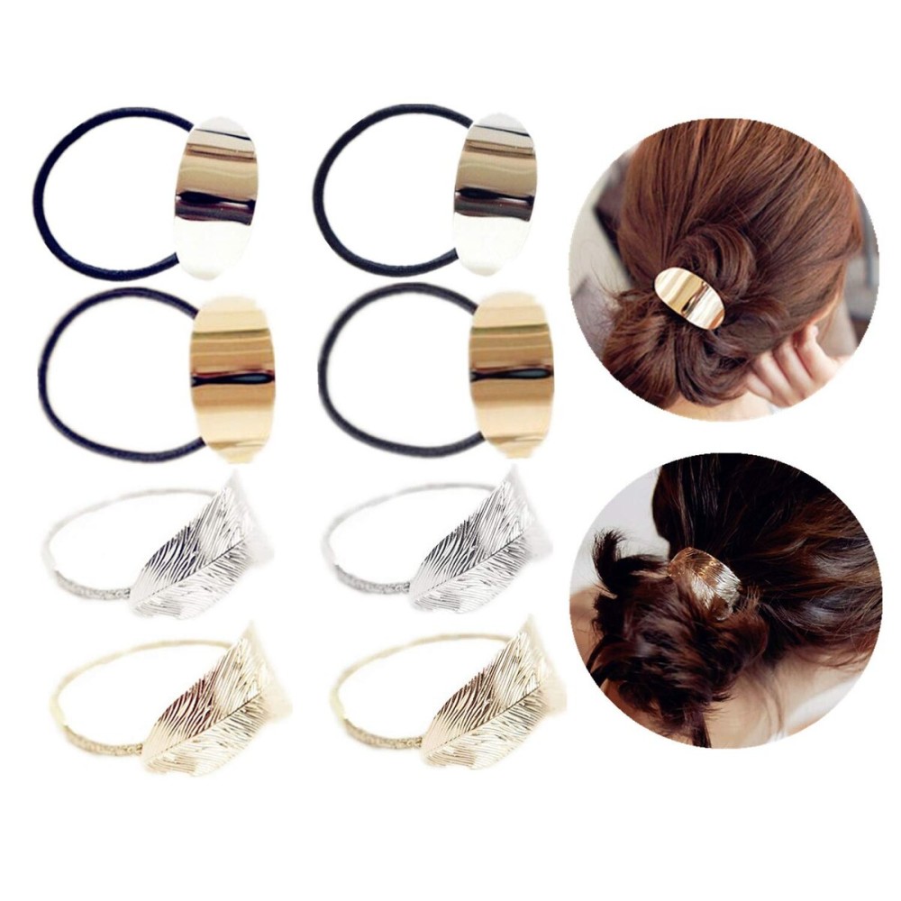 JinYu 8 Pcs Metal Leaf Hair Rope Hairband Ponytail Holder Hair Ring Crystal Elastic Rubber Band Hair Tie Hair Headdress Hair Accessories -2 Styles Gold and Silver
