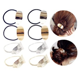 JinYu 8 Pcs Metal Leaf Hair Rope Hairband Ponytail Holder Hair Ring Crystal Elastic Rubber Band Hair Tie Hair Headdress Hair Accessories -2 Styles Gold and Silver