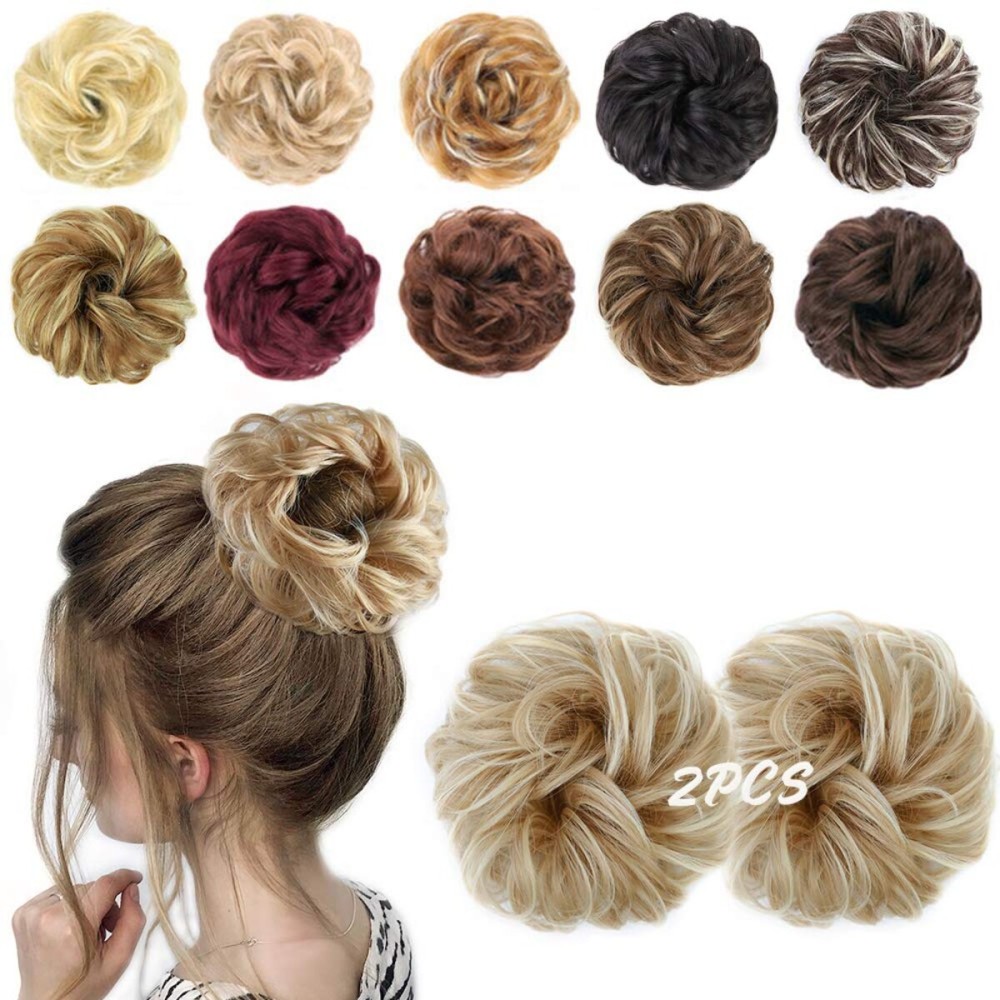 MORICA 2PCS Messy Bun HairPiece Scrunchies - Synthetic Scrunchies Curly Wavy Ponytail HairExtention for ThinHair Women (AshBlonde & BleachBlonde)