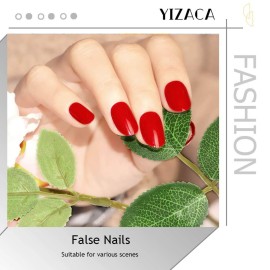 Yizaca Glossy Oval Press on Nails Red Short Fake Nails Full Cover Acrylic False Nail for Women and Girls (24Pcs) (SET D)