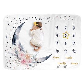 BUTTZO Floral Moon Baby Monthly Milestone Blanket, 40 x 60, Fleece, Unisex, Lightweight