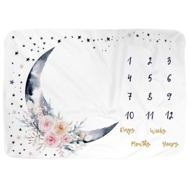 BUTTZO Floral Moon Baby Monthly Milestone Blanket, 40 x 60, Fleece, Unisex, Lightweight