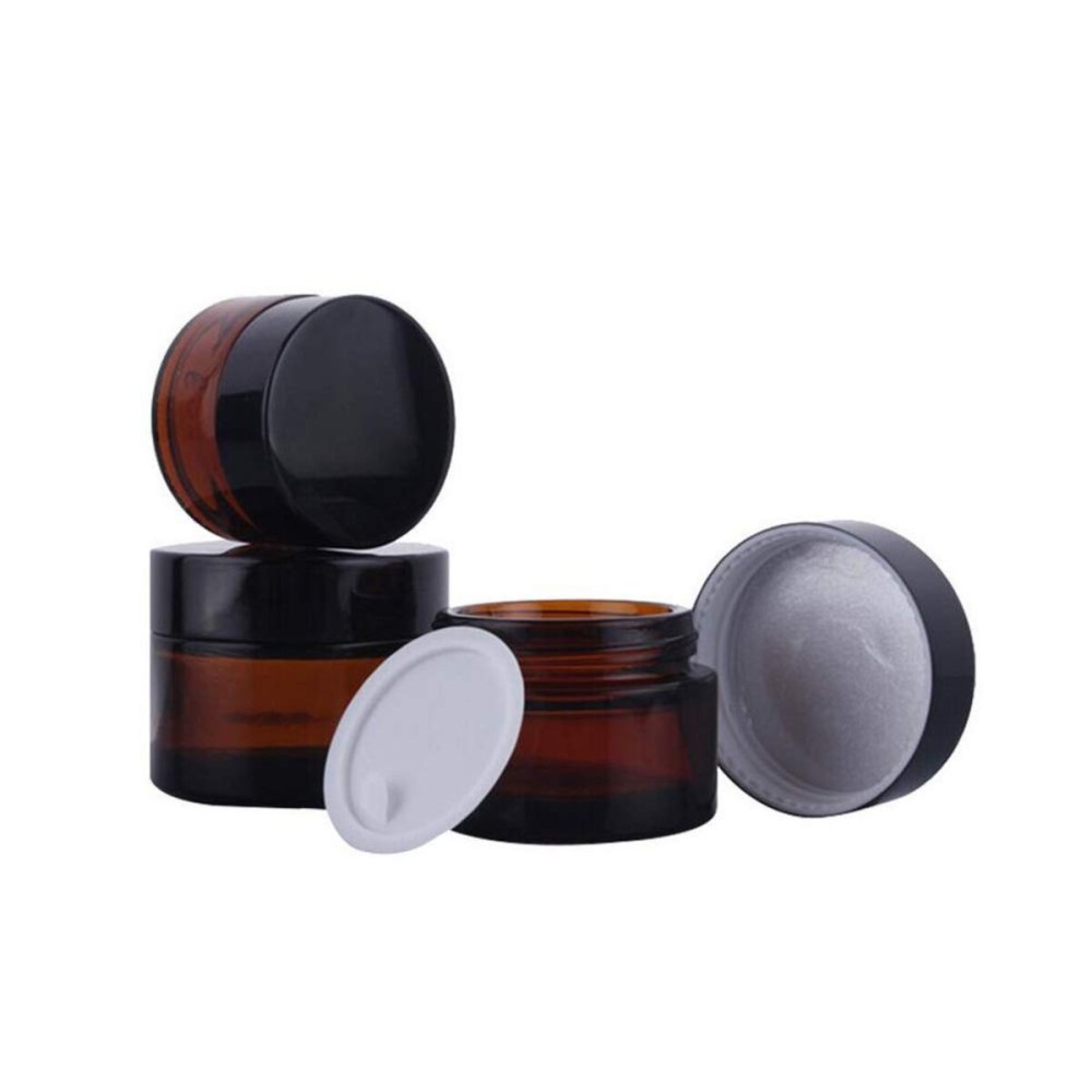 4Pcs (30ml/1oz) Amber Empty Glass Beauty Care Skin Cream Jar Pot With Black Plastic Screw Cap Dispenser Containers Refillable Travel Makeup Sample Vials Bottle For Eye Facial Essence Essential Oil