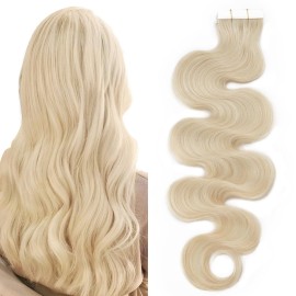 SEGO Tape in Hair Extensions Wavy 20 Inch Natural 100% Remy Human Hair Real Seamless Skin Weft Invisible Rooted Double Sided Tape Hair for Women 20pcs 50g -White Blonde -Body Wave