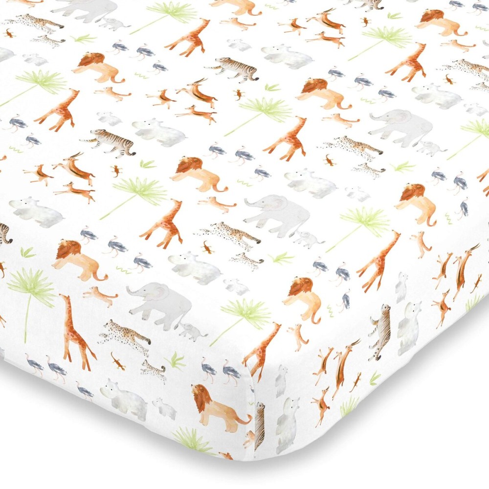 NoJo Watercolor Jungle Animals Crib Sheet - Mini Fitted Crib Sheet - Designed in The USA - 24 X 38 X 5, Orange, Grey, Light Blue
