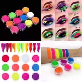 MEILINDS Colorful Fluorescent Nail Powder Gradient Iridescent Nail Pigment Glitter Rainbow Powder, Neon Pigment Eyeshadow Powder Face Body Nail Art Dust Decoration 12 Colors