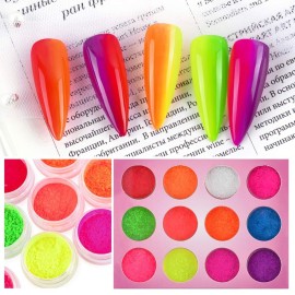 MEILINDS Colorful Fluorescent Nail Powder Gradient Iridescent Nail Pigment Glitter Rainbow Powder, Neon Pigment Eyeshadow Powder Face Body Nail Art Dust Decoration 12 Colors