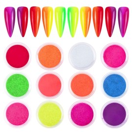 MEILINDS Colorful Fluorescent Nail Powder Gradient Iridescent Nail Pigment Glitter Rainbow Powder, Neon Pigment Eyeshadow Powder Face Body Nail Art Dust Decoration 12 Colors