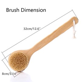 HiKin Dry Bath Body Brush 12.6, Long Handle Natural Bristles Shower Brush Back Scrubber with Anti-Slip Wooden Handle, Good for Exfoliating, Blood Circulation, Detox and Cellulite, etc.