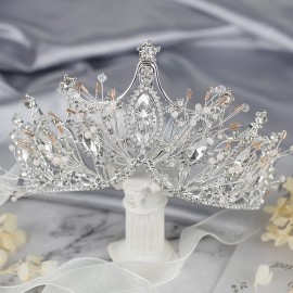 Yolmina Baroque Queen Crown, Sliver Wedding Crown and Tiara for Bride Handmade Princess Crystal Rhinestone Headband Tiaras for Women, Fairy Hair Accessories for Wedding Halloween Party Music Festival