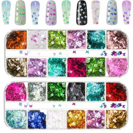 Butterfly Nail Art 24 Colors 3D Butterfly Decals Stickers Sequins for Nails, Holographic Nail Sparkle Glitter for Nail Art Decoration (2 Boxes)