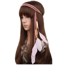 Boho Feather Headband Hippie Indian Leaf Hair Bands Tassel Bohemian Hair Hoops Hairband Headpiece Women Halloween Christmas Baby Shower Wedding Birthday Cosplay Dress Up Party Accessories Pink