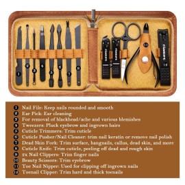 FAMILIFE Manicure Set, Professional Manicure Kit Nail Clipper Set Stainless Steel Pedicure Tools Kit with Leather Travel Case for Women Girl Men (Brown)