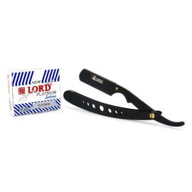 Classic Samurai New Ergonomic Design Stainless Steel Professional Folding Straight Edge Barber Razor Shavette Manual Shaver with 100 Lord Platinum Single Blades