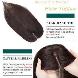 S-noilite Human Hair Toppers 130% Density Hand Made Silk Base Clip in Topper Top Hair Pieces For Women with Thinning Hair/Hair Loss Cover Gray Hair 12Inch 40g 2 Dark Brown