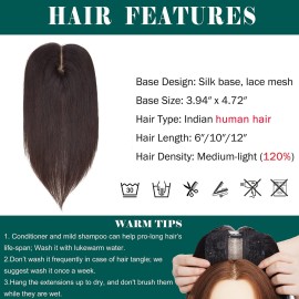 S-noilite Human Hair Toppers 130% Density Hand Made Silk Base Clip in Topper Top Hair Pieces For Women with Thinning Hair/Hair Loss Cover Gray Hair 12Inch 40g 2 Dark Brown