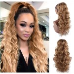 CINHOO 24Inch Long Ponytail Extension Body Wavy Blonde Drawstring Ponytail for Black Women Clip in Ponytail Extension Synthetic Curly Wavy Pony Tail Hair Piece for Women Gold mixed Brown Ponytail