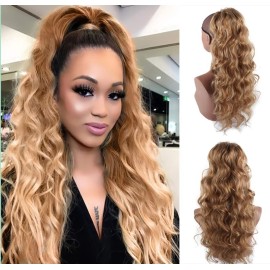 CINHOO 24Inch Long Ponytail Extension Body Wavy Blonde Drawstring Ponytail for Black Women Clip in Ponytail Extension Synthetic Curly Wavy Pony Tail Hair Piece for Women Gold mixed Brown Ponytail