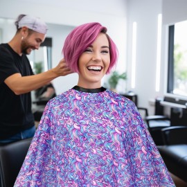 Plum Hill Hair Salon Cape for Stylists - Waterproof Hair Cutting Cape with Snaps, Pink and Purple Swirls