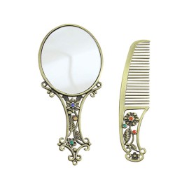 Makeup Mirror Comb Set Antique Brush Vintage Metal Portable Hair Comb for Lady Woman (Mixed Pattern)