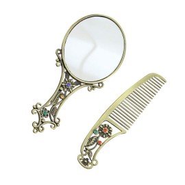 Makeup Mirror Comb Set Antique Brush Vintage Metal Portable Hair Comb for Lady Woman (Mixed Pattern)