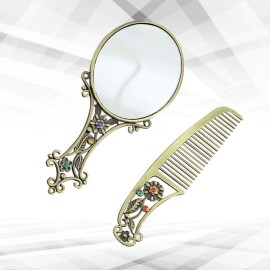 Makeup Mirror Comb Set Antique Brush Vintage Metal Portable Hair Comb for Lady Woman (Mixed Pattern)