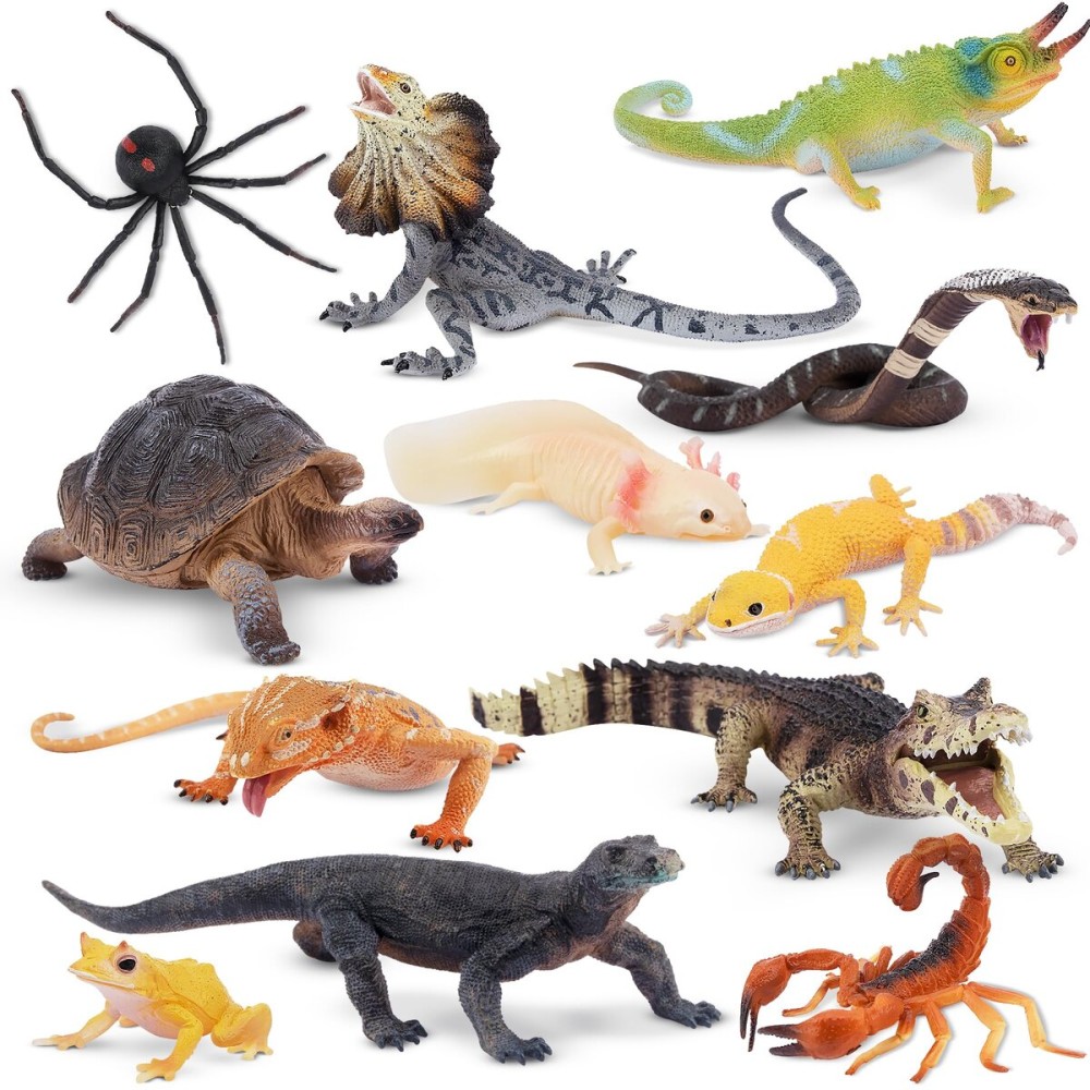 Toymany Reptile Animal Figurine Toys Set, 12 PCS Desert Amphibians Animal Figures with Komodo Dragon Lizard Snake Chameleon Rainforest Cold Blooded Animals Figures Party Favor for Kids