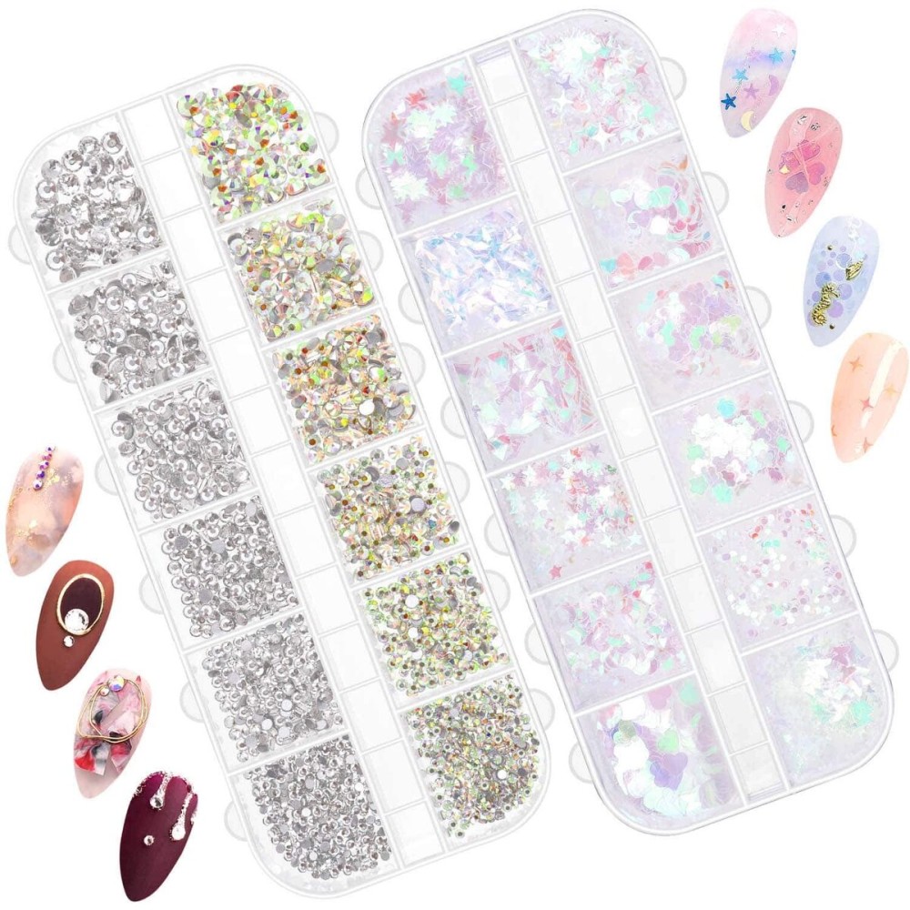 Holographic Nail Sequins with Nail Rhinestones for Nails, Audab Nail Glitter Sequins Nail Decals with Crystals AB Nail Gems Diamonds for Acrylic Nail Art Design and Decorations Holographic Nail Sequins with Nail Rhinestones for Nails, Audab Nail Glitter Sequins Nail Decals with Crystals AB Nail Gems Diamonds for Acrylic Nail Art Design and Decorations