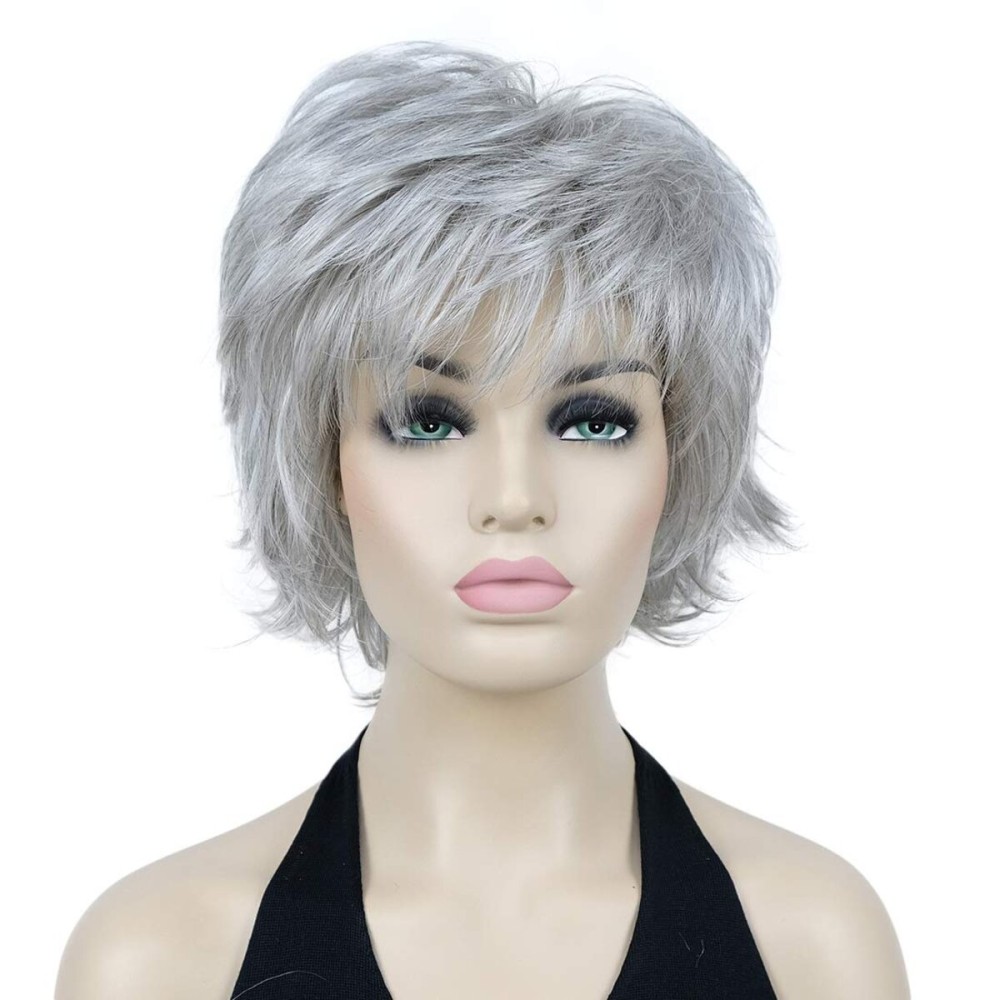 Lydell Short Layered Shaggy Wavy Full Synthetic Wigs (51 Silver Gray)