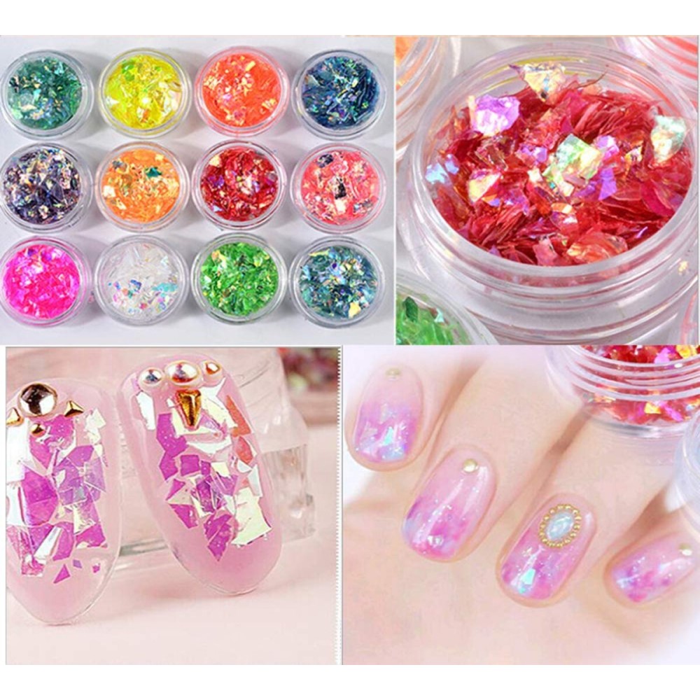 GBSTORE 12 Boxes/Set Nail Sequins Colorful Nail Rhinestones Studs Nail Glitter Sticker Decals 3D Nail Art Design, for Nail Art,Crafts, Eyes Makeup DIY Decoration (Ultra-Thin Irregular Sticker)
