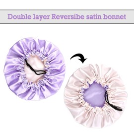 greatremy Kids Satin Bonnet Sleep Cap,Double Layer Soft Elastic Baby Satin Natural Hair Bonnets with Adjustable Drawstring for Girl Boy Infant Toddler Child Sleeping (Reversible Champagne/Purple)
