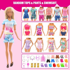 57 PCS Doll Clothes and Accessories 3 Wedding Gowns 3 Tops 3 Pants 3 Fashion Dresses 1 Evening Dresses 2 Swimsuits Bikini 6 Braces Skirt 10 Hangers 15 Shoes and 14 Accessories Toys for 11.5 inch Doll