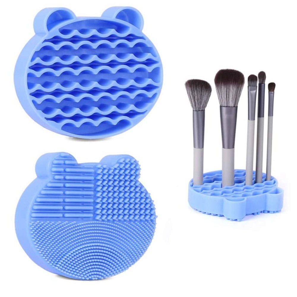 Silicone Makeup Brush Cleaning Mat with Brush Drying Holder, 2 in 1 Make Up Brush Cleaner Pad, Portable Travel Makeup Brush Scrubber Mat Cleaning Tool, Blue