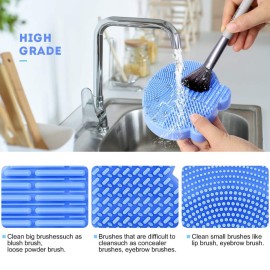 Silicone Makeup Brush Cleaning Mat with Brush Drying Holder, 2 in 1 Make Up Brush Cleaner Pad, Portable Travel Makeup Brush Scrubber Mat Cleaning Tool, Blue