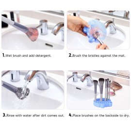 Silicone Makeup Brush Cleaning Mat with Brush Drying Holder, 2 in 1 Make Up Brush Cleaner Pad, Portable Travel Makeup Brush Scrubber Mat Cleaning Tool, Blue