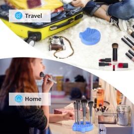 Silicone Makeup Brush Cleaning Mat with Brush Drying Holder, 2 in 1 Make Up Brush Cleaner Pad, Portable Travel Makeup Brush Scrubber Mat Cleaning Tool, Blue