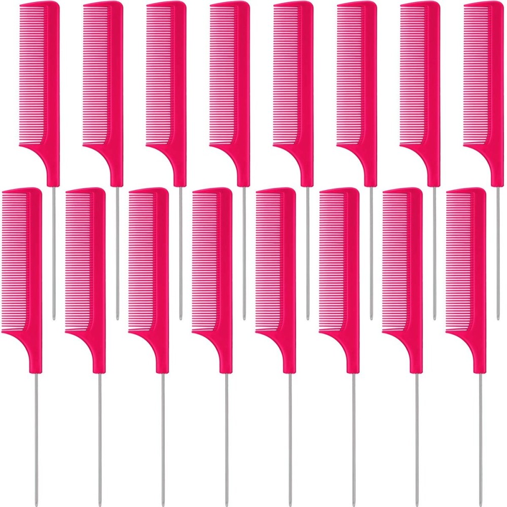 16 Pcs Rat Tail Comb Foiling Steel Pin Parting Fiber Heat Resistant Teasing Combs with Pintail for Women Girls Hair Styling(Rose Red)