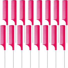 16 Pcs Rat Tail Comb Foiling Steel Pin Parting Fiber Heat Resistant Teasing Combs with Pintail for Women Girls Hair Styling(Rose Red)