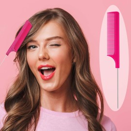 16 Pcs Rat Tail Comb Foiling Steel Pin Parting Fiber Heat Resistant Teasing Combs with Pintail for Women Girls Hair Styling(Rose Red)
